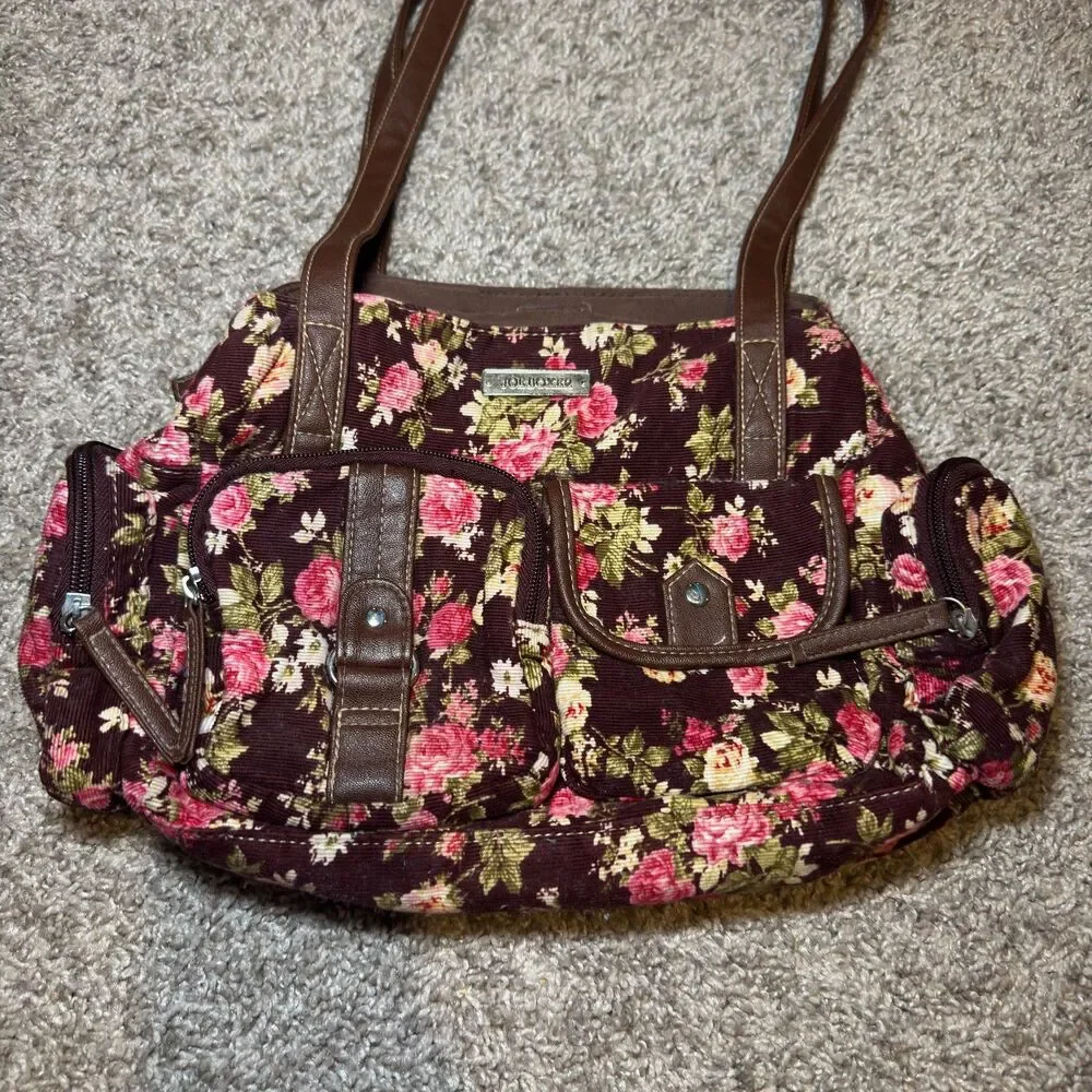 VTG Joe Boxer Shoulder Bag Brown Corduroy Floral Purse Maroon Faux Leather Y2K